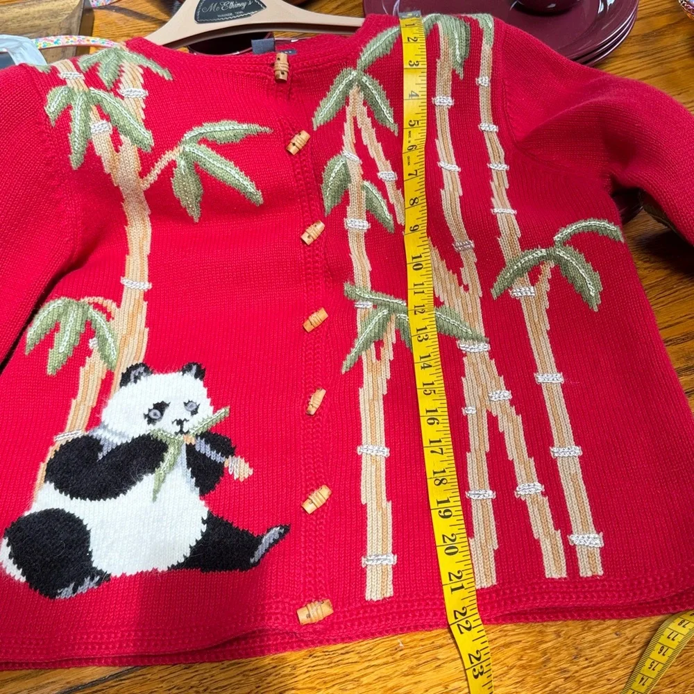 Northern Isles Vintage cherry red cardigan with bamboo and panda print.  Medium